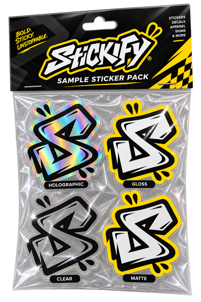 Stickify free sample sticker pack with holographic, gloss, clear and matte stickers